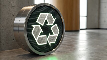 A sleek recycling bin with a glowing recycling symbol, designed for modern spaces, promoting sustainability and environmental awareness.