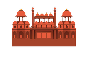 Ornate red Indian palace illustration with symmetrical domes, towers, and golden finials.