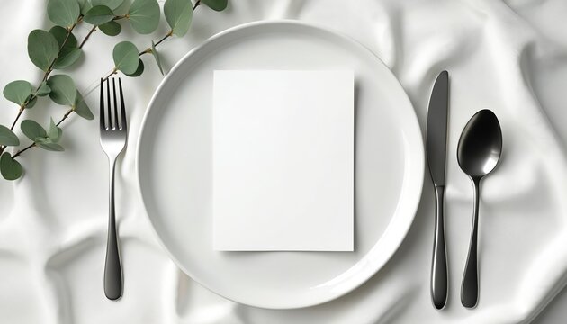 Elegant table setting with white plate blank card silverware, fresh eucalyptus branch. Dining setup includes fork knife, spoon on white cloth. Perfect for menu design wedding invitations festive - Powered by Adobe