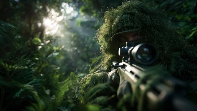 Sniper in Ghillie Suit Hidden in Jungle Ambush