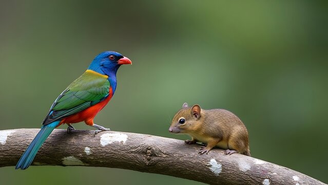 Colorful painted bunting bird and squirrel resting on a tree branch