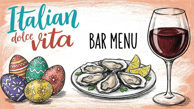 Italian Dolce Vita Bar Menu Design with Hand-Drawn Oysters, Wine Glass, and Easter Eggs
