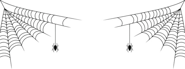 Obraz premium Horizontal black spider webs with a single spider hanging from each on a pure white background