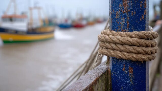 12Close-up of thick ship ropes tied to a rusty bollard on a pier, salt stains and peeling paint visible