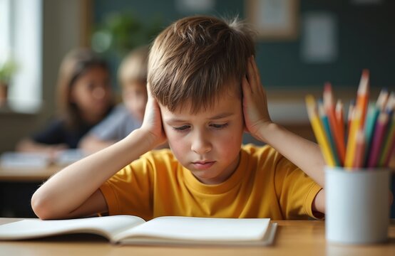 Young boy sits at classroom desk looking upset and tired. He holds his ears with hands displaying frustration during lesson time. The scene suggests academic pressure or boredom in education.