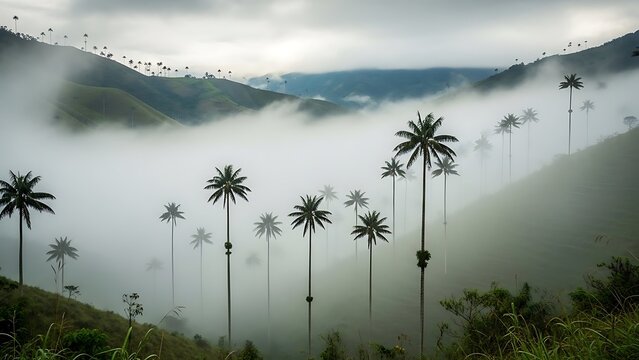 Tall wax palm trees emerging from a misty, foggy valley landscape - Powered by Adobe