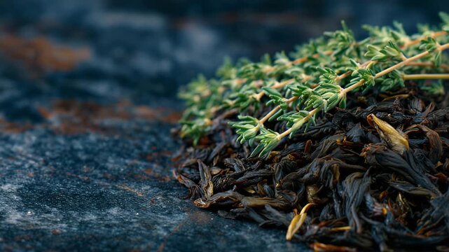 13Close-up view of glossy dark tea leaves mixed with thyme on a rough black surface, cinematic lighting enhancing depth and color contrast