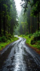 Obraz premium Winding road through a dense, green forest on a wet day, reflecting the sky in puddles on the asphalt