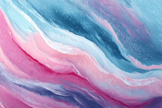 abstract fluid art swirling pink and blue waves with glittering particles