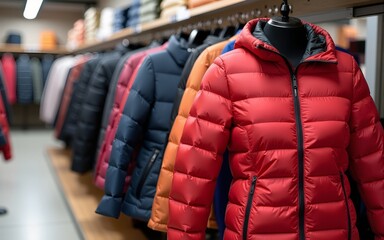 Women's winter down jackets in the store. High quality