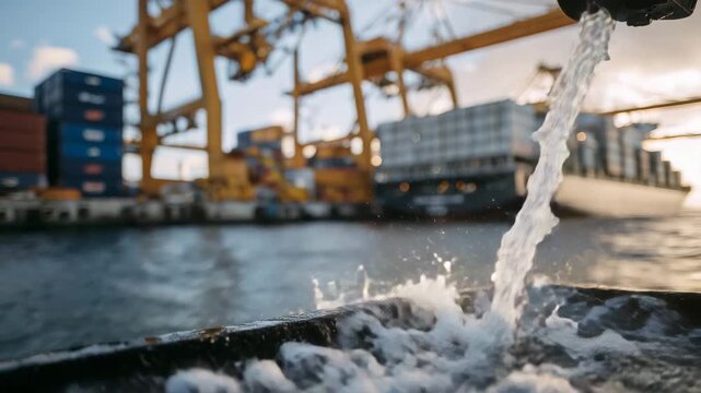 16Detailed shot of ship&rsquo;s tank inlet with connected fuel hose, wet surfaces catching sunlight, cranes and stacked containers forming dynamic background