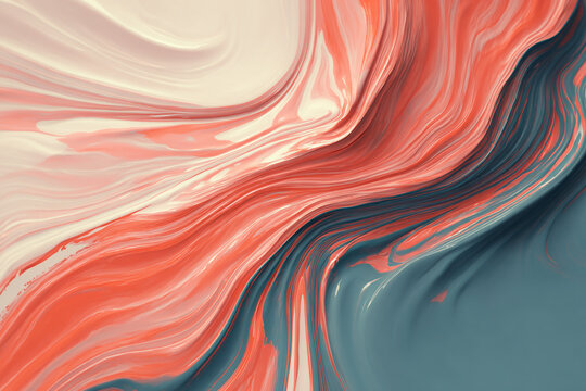Swirling abstract liquid paint texture with smooth flowing waves in coral and teal colors