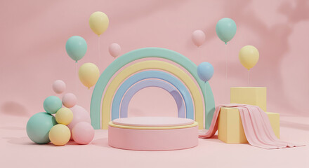 Pastel pink podium display with colorful rainbow arch and floating balloons for baby shower or birthday celebration product presentation