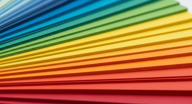 Close up of a fan deck of color swatches showing a full spectrum rainbow gradient from red to blue, perfect for design concepts