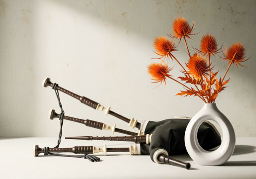 bagpipes alongside vibrant orange thistle flowers create a cultural still life with scottish flair and rustic appeal