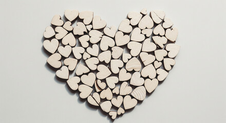 A large heart shape composed of many small, lightcolored wooden heart cutouts arranged together on a plain background