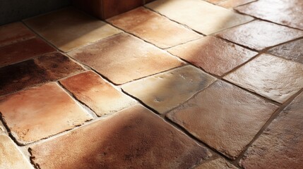 Top view of varied brown tone tiles arranged on floor, textured surface with soft light and shadow, warm earthy color palette creating vintage and cozy interior design or decorative concept.