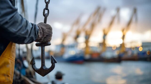 19Close-up of a weathered hand gripping a massive steel hook on a ship, harbor cranes and calm water blurred in the background under soft morning light