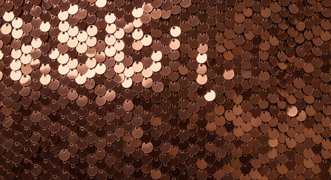 Closeup texture of shimmering rose gold or copper colored metal sequins fabric background with reflective surface detail