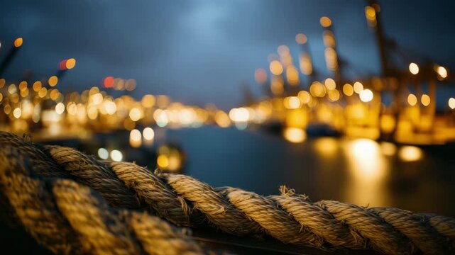 19Detailed focus on weathered bollard surface and twisted rope fibers, port cranes and ships forming a soft, cinematic bokeh backdrop