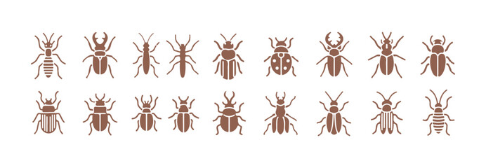 A solid icon collection of insects, featuring bugs, beetles, and termites. These insect silhouettes are designed as glyph-style symbols for web and app use. Vector graphics set