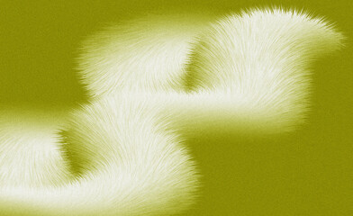 Abstract white fluffy fur shape on olive green background with grainy texture