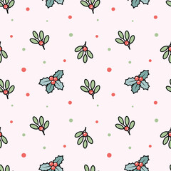 Cute Hand-Drawn Holly and Mistletoe Christmas Pattern