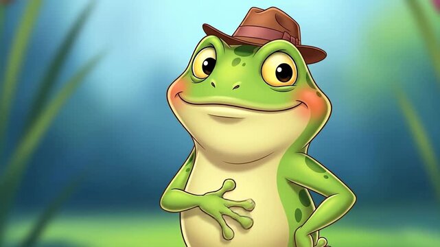 Cute cartoon frog wearing a hat waving hello in a natural setting.