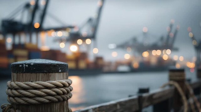 22Cinematic dockside scene with close-up on aged bollard and rope, industrial port cranes and stacked containers softly blurred behind