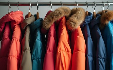 Variety of winter jackets on hangers. High quality