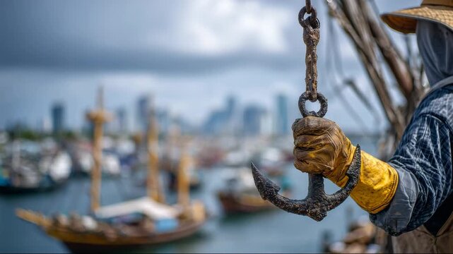 25Close-up of a rough hand holding a massive hook, textures of rust and rope visible, harbor skyline and ships softly blurred in background