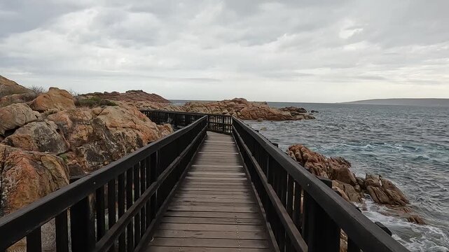 Canal Rocks Footbridge, Overcast View of Timber Walkway Amidst Sculpted Granite and Crashing Indian Ocean Waves, Western Australia