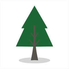 Simple green pine tree illustration with brown trunk and grey shadow, representing nature and outdoors