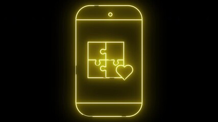 A glowing yellow neon phone with a puzzle made of four pieces and a heart design - Powered by Adobe