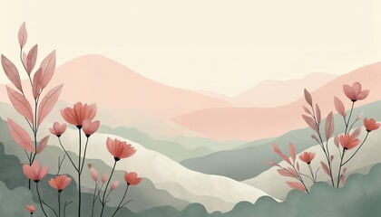 Soft floral landscape illustration with layered hills. Pink flowers bloom in foreground against muted mountains. Serene backdrop with delicate botanical elements in pastel shades. Gentle elegant