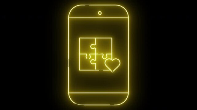 A glowing yellow neon phone with a puzzle made of four pieces and a heart design - Powered by Adobe