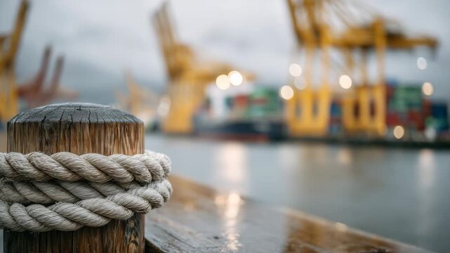 26Weathered bollard and nautical rope in sharp focus, reflections on wet dock surface, distant port cranes and container stacks softened into bokeh