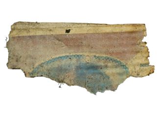 Horizontal Distressed Paper Fragment with Faded Blue and Red Vintage Graphic Print