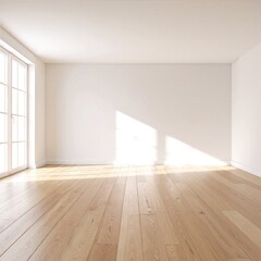 Obraz premium A cozy room featuring polished hardwood floors that gleam under soft lighting, complemented by crisp white walls adorned with minimalist decor.