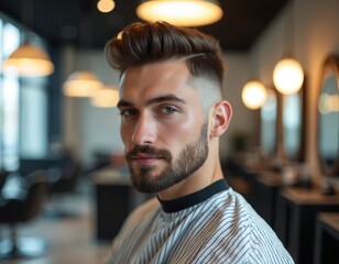 Handsome bearded man with trendy haircut in barbershop. Young male client with fresh hairstyle in modern beauty salon. Confident person looks at camera with serious face wearing striped cape.