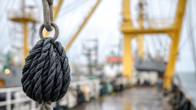 27Rope and pulley system on a cargo ship deck, worn textures and grease stains visible