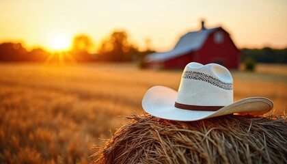 Cowboy hat rests on hay bale at sunset. Warm light shines over golden field and red barn. Rural farm scenery shows country charm and calm mood. Symbolizes agriculture work and harvest season.