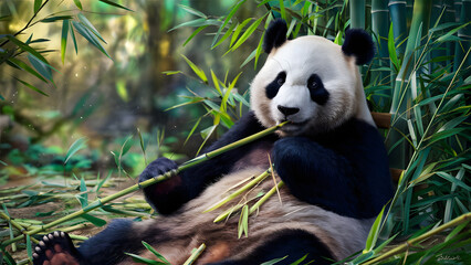 Giant panda bear sitting in a lush green bamboo forest eating bamboo stalks