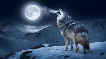Majestic wolf howls at the bright full moon on a snowy mountain peak under the night sky