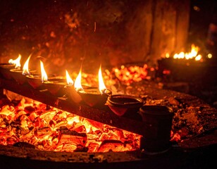 Traditional oil lamps burning brightly above glowing embers, creating a warm spiritual ambiance