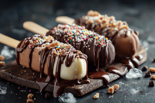 delicious chocolate covered ice cream popsicles with colorful sprinkles and nuts on a wooden board