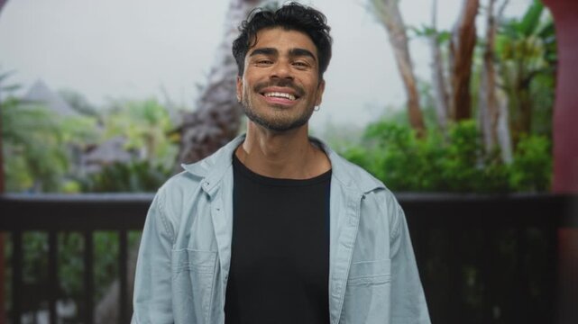 Young hispanic man making hand binoculars gesture and smiling widely amid lush green park trees; watching exploring playful.