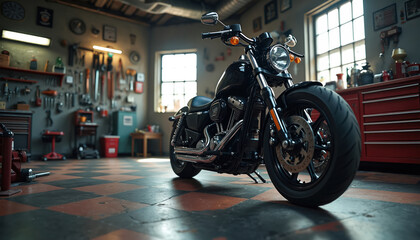 Black motorcycle parked in garage with various tools, equipment. Shiny bike stands on checkered floor in front of red tool cabinet. Sunlight enters through windows. Garage well-organized with