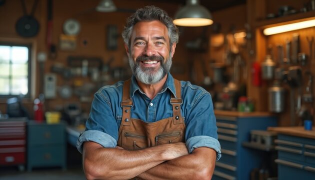 Smiling mechanic stands proudly in workshop with crossed arms. Bearded man wears apron uniform. Toolbox and equipment are in background. Industry pro shows skill and craftsmanship.