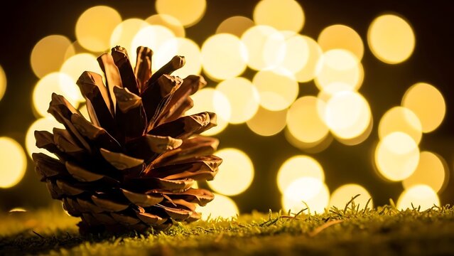 Close-Up of a Pine Cone Illuminated by Warm Bokeh Lights on a Nighttime Forest Floor - Powered by Adobe